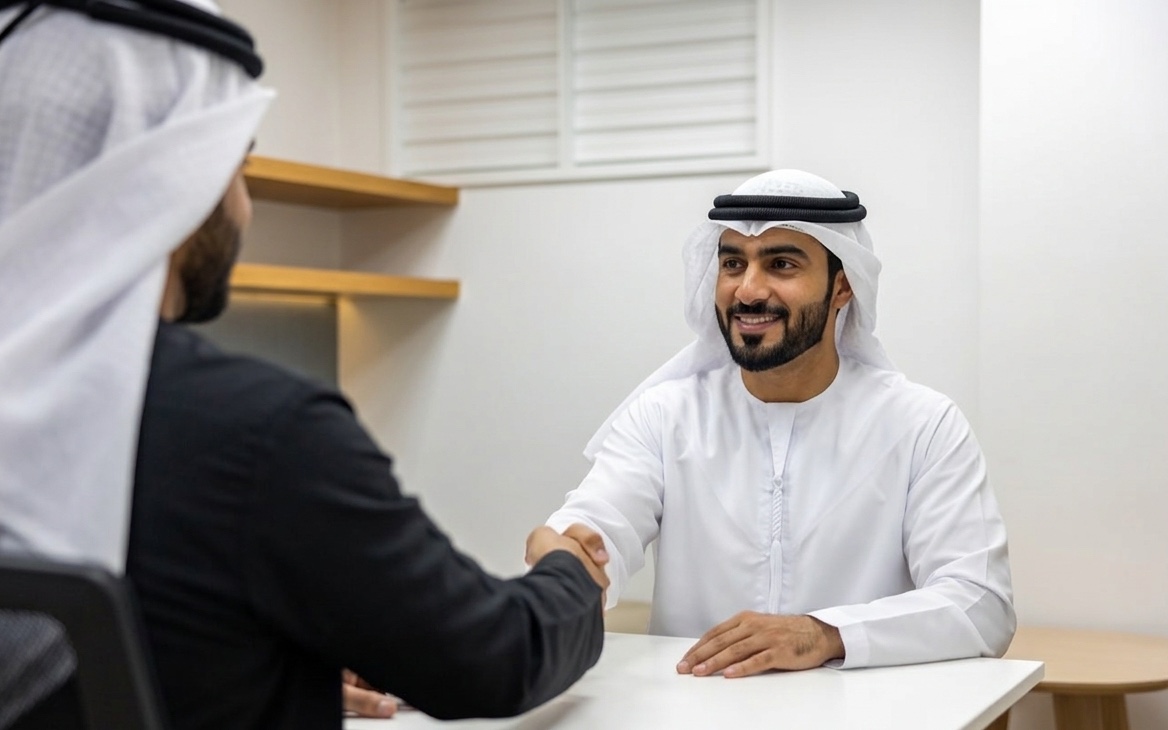 An Emirati candidate shaking hands with a Maseer Talent recruiter across the desk after a successful interview