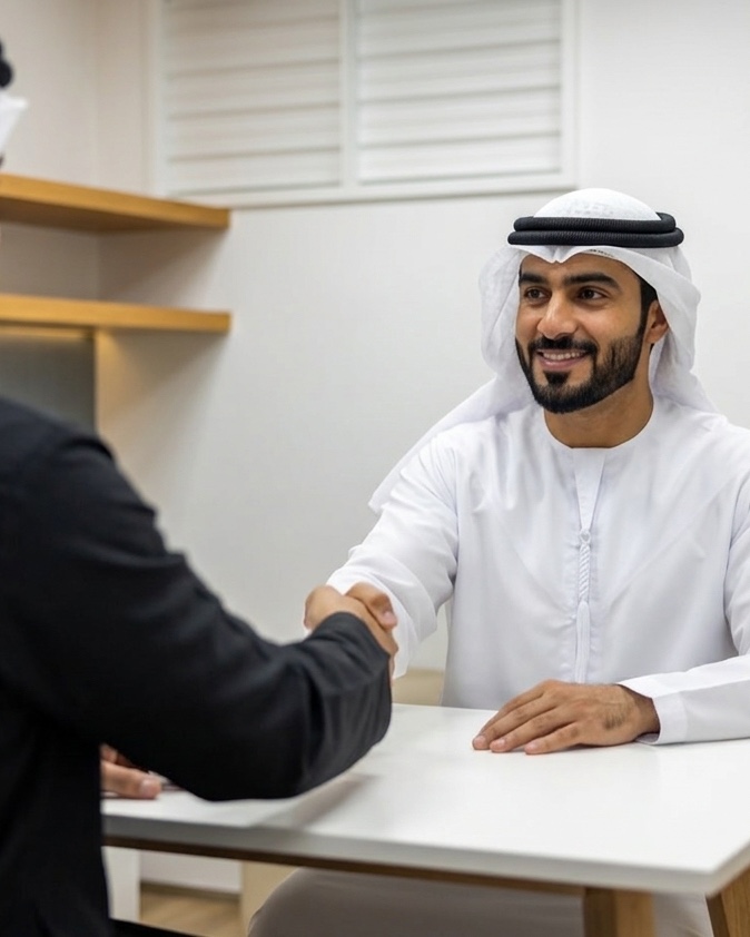 An Emirati professional shaking hands with a Maseer Talent recruiter across the desk in a one-to-one interview