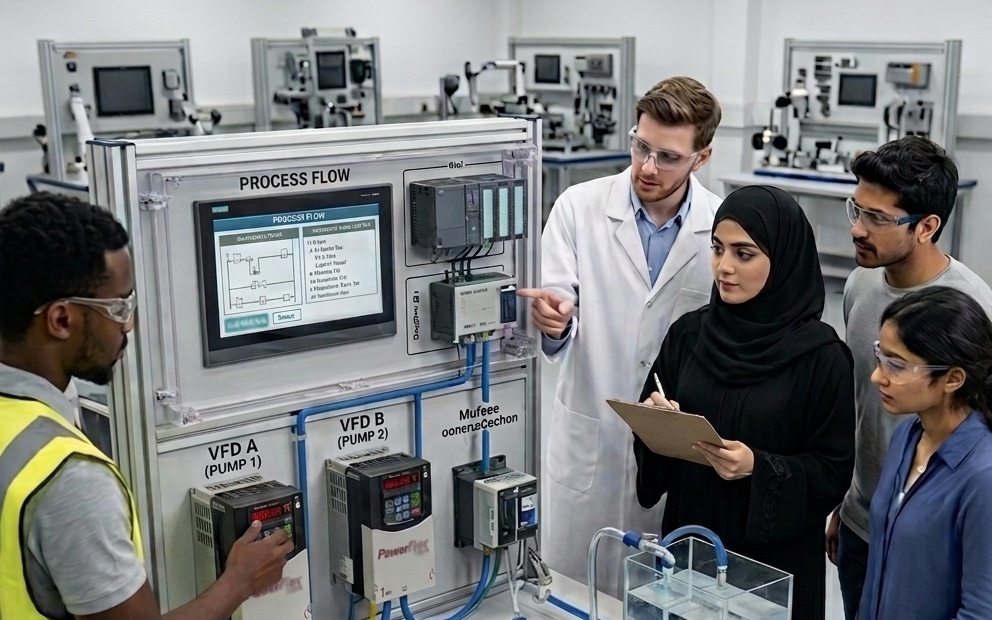 A Maseer Academy instructor explaining a VFD-controlled pump process-flow rig while trainees, one in a hijab taking notes, follow along