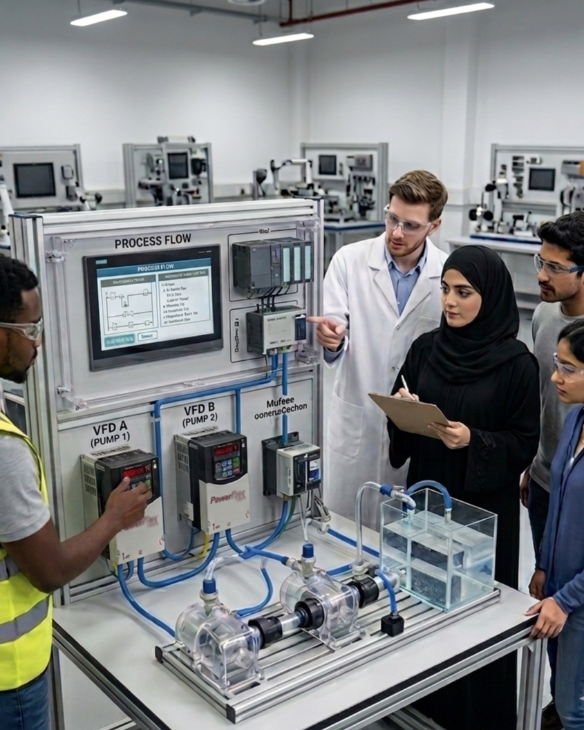 A Maseer Academy instructor leading a hands-on session on a VFD pump process-flow training rig, with a trainee in a hijab taking notes